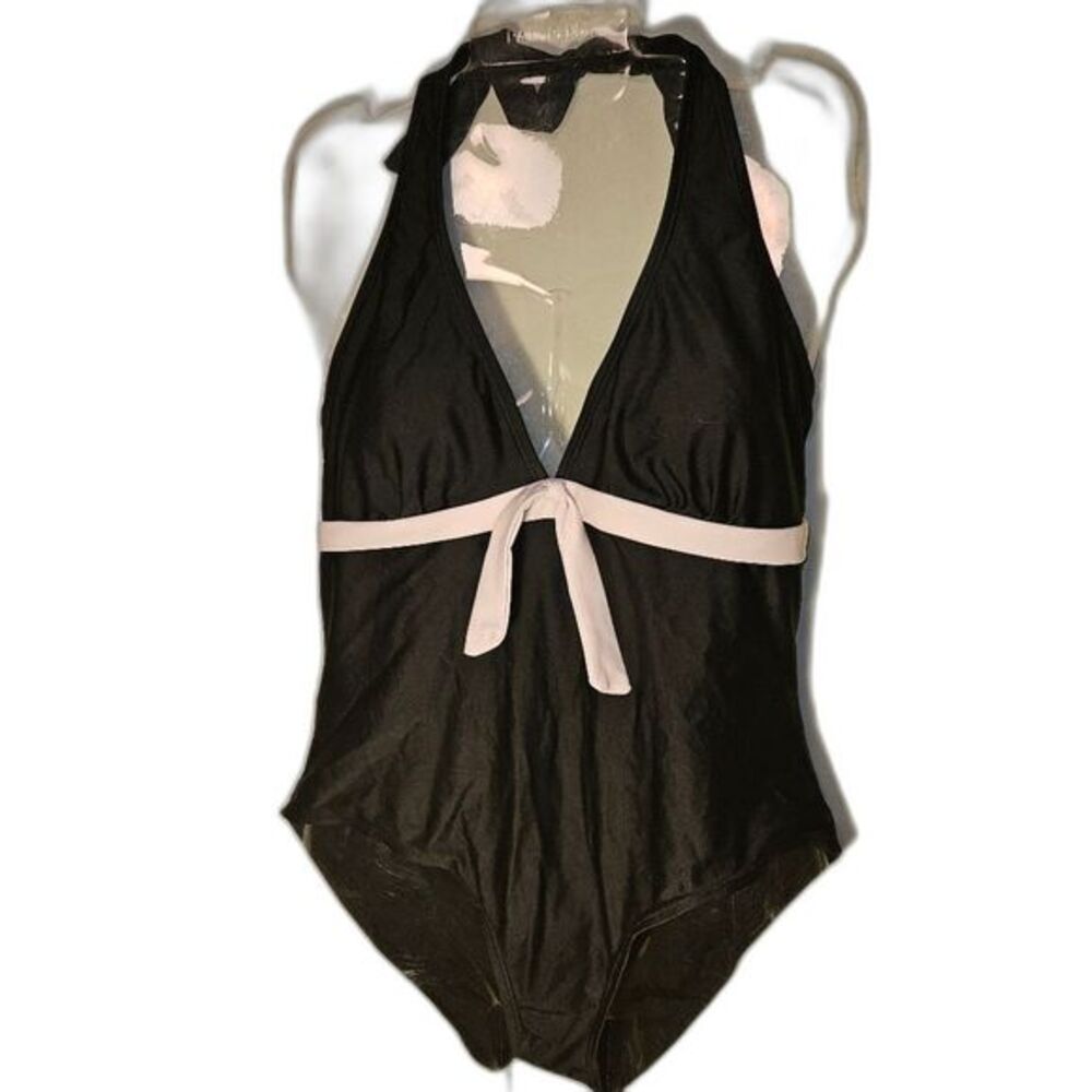 Islander Black One-Piece Swimsuit Size 10 | Plunge Neck w/ White‎ Trim